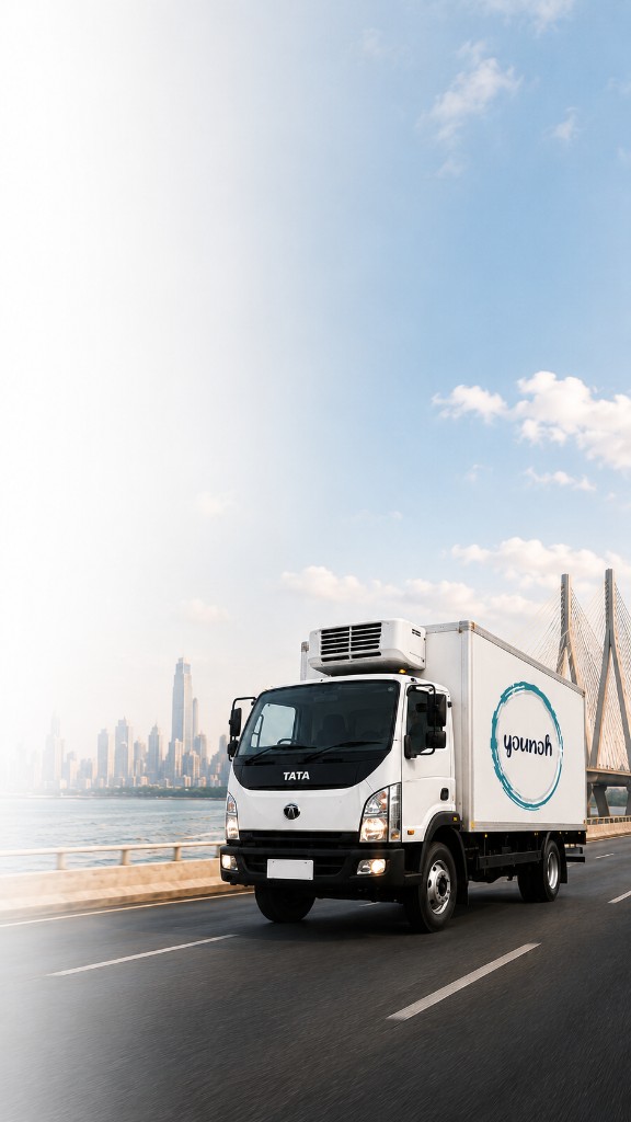 A white TATA refrigerated delivery truck with a younoh logo driving on a bridge against a Mumbai skyline
